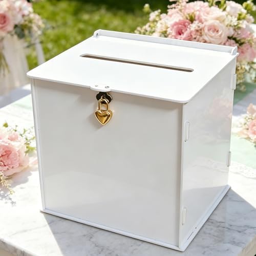 White Acrylic Card Box with Gold Heart Lock, Modern DIY Blank Wedding Card Boxes for Reception Monetary Gifts, Customizable Envelope Box for Party Graduation Bridal Baby Shower All Occasion by SOFARKKTPARTYCARDBOX