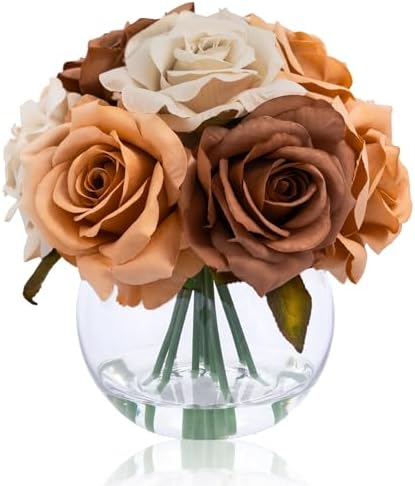 WELL KNOWN Silk Rose Coffee Brown Artificial Flowers Arrangements with Vase by WELLKNOWN