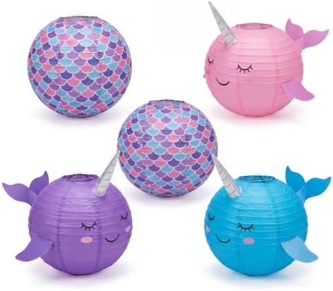 Mermaid Party Paper Lanterns - Narwhal Pink Blue Purple, 8.5 in, 5Pk by PartySolids