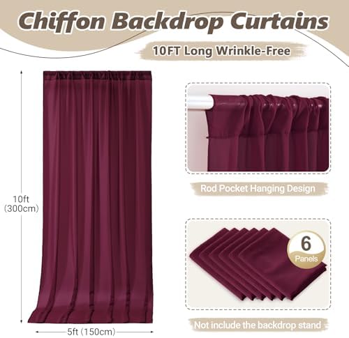 30ft x 10ft Burgundy Backdrop Curtains, Wrinkle-Free Sheer Chiffon Fabric Photo Backdrop Drapes for Wedding Arch Party Ceremony Stage Photography Decorations - Image 5