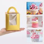 acDesign 100 Pcs Cupcake Holders Individual 3.6in*3.6in*4.3in Cupcake Boxes With Window Handle and Inserts for Bakery Wrapping Party Favor Packing(Gold) - Image 7