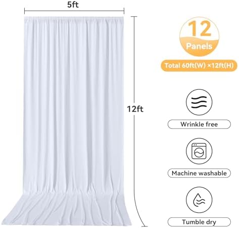 12 Panels 5x12ft White Backdrop Curtains for Parties, Wrinkle Free Polyester Photo Backdrop Drapes 12 ft Long Back Drop Cloth Drapery for Wedding Birthday Baby Shower Photography Party Background - Image 3
