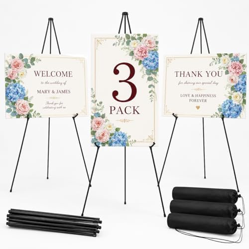 3 Pack Easel Stand for Sign, 63 Inch Portable Display Easel Stand, Black Metal Floor Easel for Wedding Welcome Sign, Poster Board, Party, Presentation, Event Display with Storage Bags by Ns+Jymb
