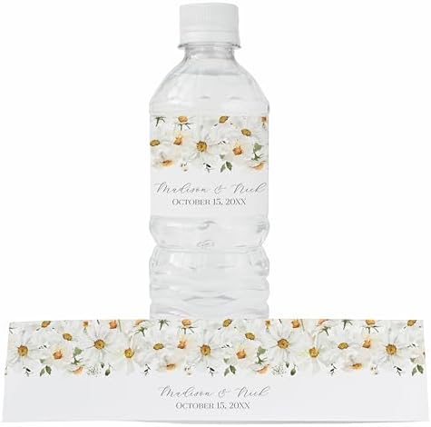 Personalized Water Bottle Labels with Choice of 30 Flower Styles - Choose Font and Pre-Made Phrases or Design Custom Text - LABELS ONLY (028 Daisies, 2 inch (8.5x2")) by ThePaperedWedding