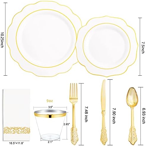NOCCUR 175PCS Gold Plastic Plates with Disposable Silverware - White Gold Plastic Tableware Include 25 Dinner /25 Dessert Plates, 75 Cutlery, 25 Cups, 25 Napkins - Ideal for Party/Wedding - Image 2