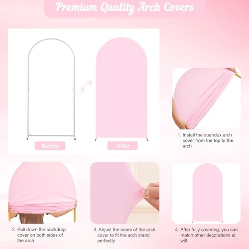 Pink Arch Backdrop Cover 2 Set - 6.6FT, 5FT Spandex Fitted Wedding Arch Stand Covers Round Top Chiara Arch Backdrop Stands Cover for Birthday Parties Banquet Photo Background Decoration - Image 7