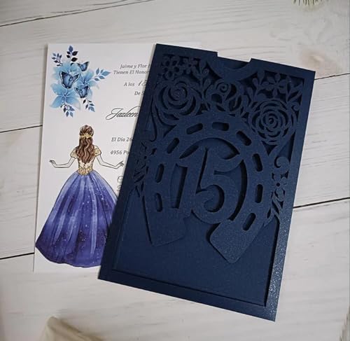 50 Quinceanera Invitations with Envelopes - Navy Theme Party Horse Laser Cut Sweet 15 Party Cards - Image 4