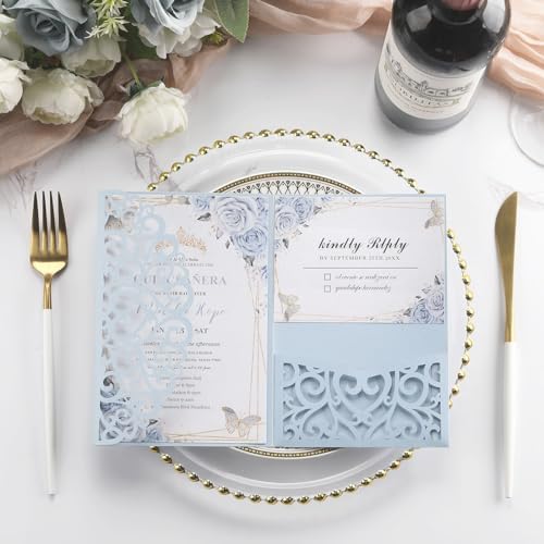 50pcs Blank Wedding Invitation Kit - Light Blue Laser Cut Invitation Pocket - Image 6