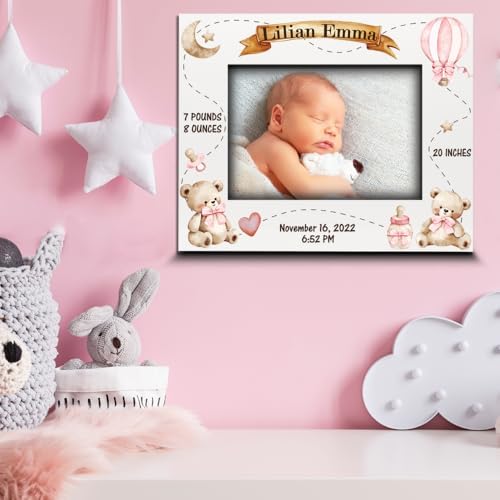 BELLA BUSTA-Personalize Baby Teddy Bear Birth Announcement Theme Picture Frame- Baby Shower, Birth Details Keepsake (Girl-Pink (5x7 Horizontal)) - Image 3