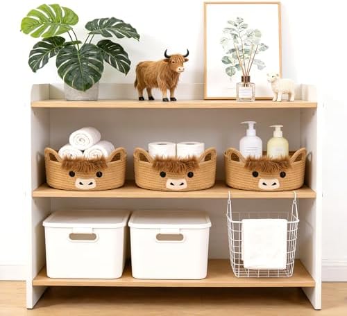 3 Pcs Oval Highland Cute Cow Basket for Nursery,Woven Rope Gift Basket - Image 2