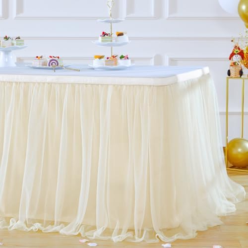 Suppromo 9ft Champagne Tulle Table Skirts for Rectangle Tables or Round Tables Champagne Tutu Table Cloth Cover for Wedding Birthday Party Baby Shower Dessert Cake Table Decor - Image 5