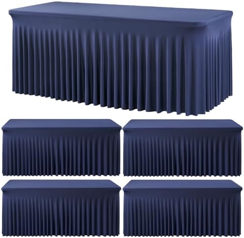 Spandex Tablecloth 8FT Rectangle Table Cover 4 Pcs Navy Blue Wrinkle-Free by Outpain