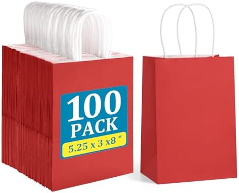 BagDream Gift Bags with Handles 5.25x3x8 Inch Bright Red 100 Pack Bulk by BagDream