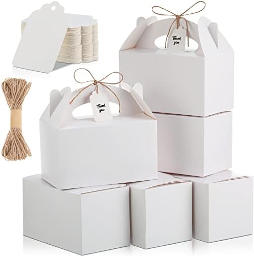 Eaasty 100 Pack Gable Boxes White Party Favors Boxes with Handles for Treat Candy Goodie Gift, Welcome Paper Food Container with Tag and Rope for Birthday Wedding Baby Shower, 6.2 x 3.5 x 3.5 Inches by Eaasty