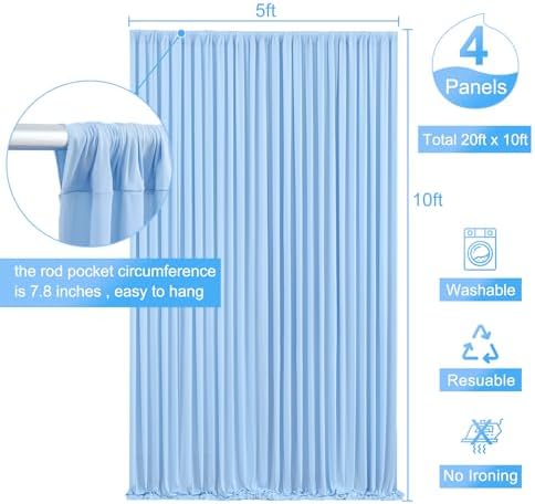 4 Panels Baby Blue Backdrop Curtain for Baby Shower Parties Light Blue Wrinkle Free 20ft x 10ft Backdrop Drapes for Birthday Photo Gender Reveal Photography Polyester Fabric Background Decoration - Image 5