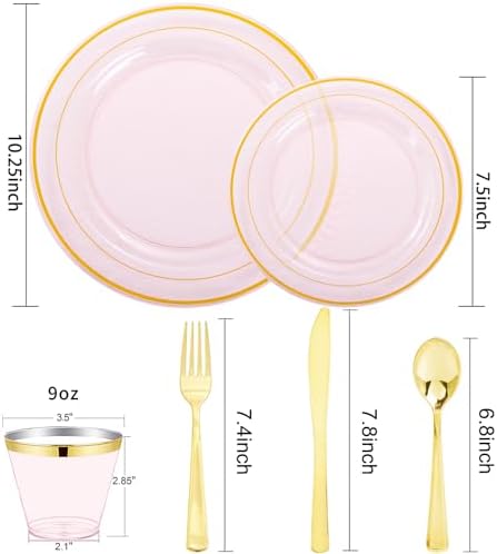 WELLIFE 210Pcs Clear-Pink Plastic Dinnerware- Pink and Gold Plastic Dinnerware include 30 Dinner Plates, 30 Dessert Plates, 90 Gold Silverware, 30 Cups and 30 Napkins Perfect for Parties - Image 2