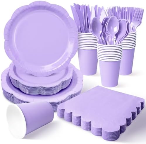 350 Pcs Lavender Party Supplies for 50 Guests, Elegant Paper Plates and Napkins Set with Cutlerys, Thickened 7'' & 9'' Decagonal Plates for Bridal Shower Tea Party Birthday by Unknown