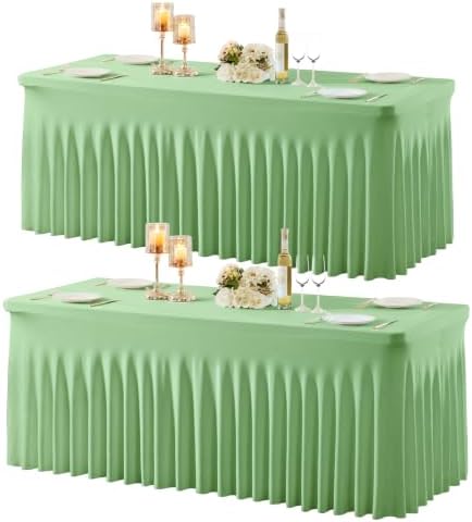 Sage Green Table Cloth for 6 Foot Rectangle Tables Fitted Stretch Spandex Table Cover with Skirt 6ft Baby Shower Birthday Party Banquet Ruffle Sage Green Tablecloth Wedding Table Cloths, 2 Pack by LittleFunny