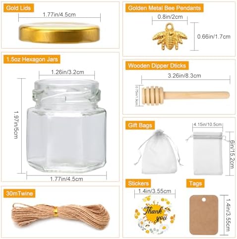 XING-RUIYANG 60 pack 1.5 oz Mini Honey Jars，baby shower favors,There's honey sticks, bee pendants, stickers and gold goodie bags，Suitable for wedding party gifts - Image 2