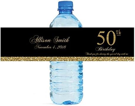 50th Birthday Black and Gold Glitter Water Bottle Labels, Easy to use, self Stick by DesignThatSign