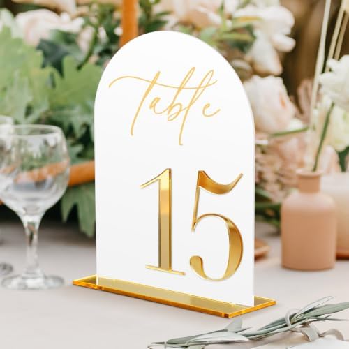 HOODO White Arch Acrylic Wedding Table Numbers 1-15 with Stands, 5"x7" Arched Acrylic Signs with 3D Gold Numbers, White 3D Table Numbers for Wedding Reception by Unknown