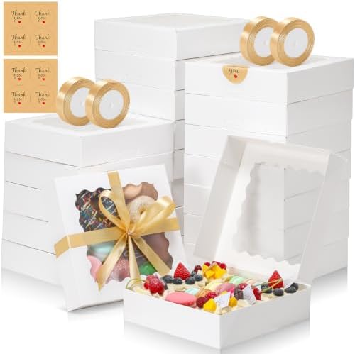 8x8x2 Auto-Popup Cookie Boxes with Window, White, 60 Pack by EQOREIIN
