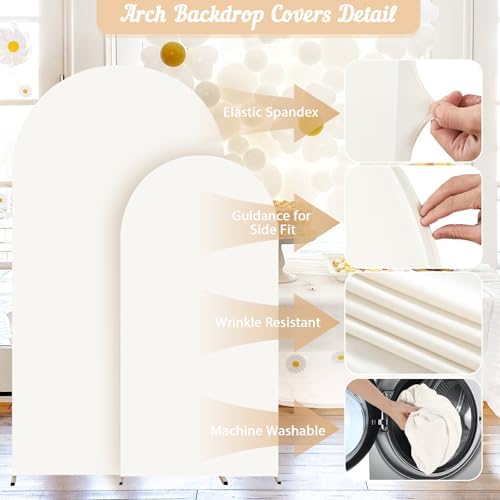 2 Set-6.6FT, 5FT Ivory Arch Backdrop Cover,Spandex Fitted Wedding Arch Stand Covers Round Top Chiara Arch Backdrop Stands Cover for Birthday Party Banquet Photo Background Decoration - Image 3