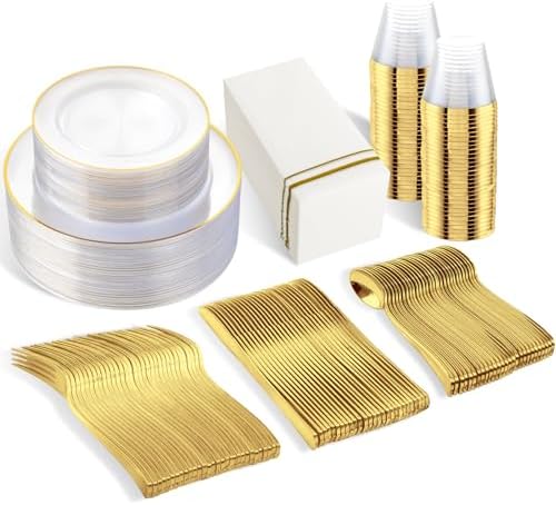 SUT 350Pcs Plastic Dinnerware Set for 50 Guests, Clear and Gold Plastic Plates, Disposable Plates and Napkins Party Supplies, Gold Silverware, Plates, Cups and Napkins Sets for Party Weddings by SeeYouTomorrow