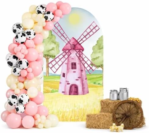 Pink Windmill Arch Backdrop Covers 6x2.6ft(HxW) for Barn Farm Birthday Party Decorations Double-Sided Chiara Arched Stand Fabric Cover Kids Baby Shower Parties Tablecloth Props by HISDH