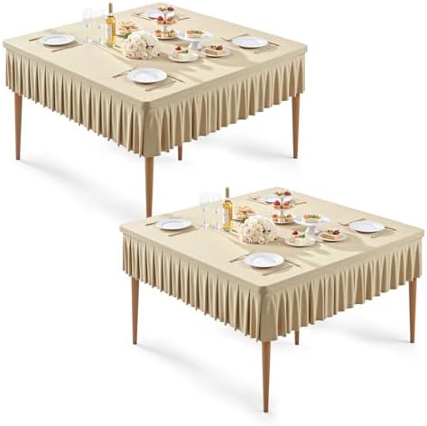 2 Pack Natural Spandex Tablecloths for 48x48 Inch Square Tables, Stretch Fitted Table Clothes with Pleated Ruffle Skirt for 48” Table, Wrinkle Free and Elastic, for Party Kitchen Home Dining by WishCare
