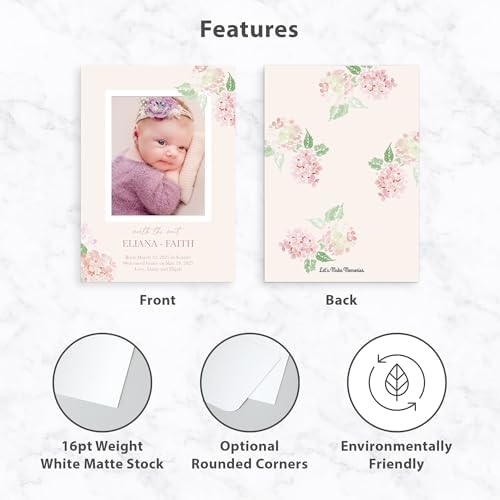 Let's Make Memories Personalized Baby Announcement Cards - Birth, Adoption - Boy, Girl - Premium Quality Custom Photo Cards for Mailing - 5x7 - Includes White Envelopes - Watercolor Blooms - 25 ct - Image 4