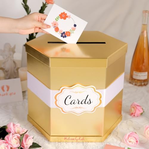 ROSEGLD Card Box, Gold Card Receiving Box with Ribbon 14x12x12 Inches - Image 2