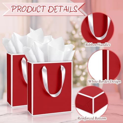 Yeaqee 50 Pack Metallic Paper Gift Bag Bulk with Handle, Red, White - Image 3