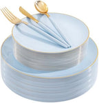 DaYammi 150Pcs Blue Plastic Plates with Gold Rim,Disposable Blue Party Plates Include 30 Dinner Plate,30 Salad Plate,30 Forks,30 Knives,30 Spoons,Fancy Disposable Platos for Party,Wedding,Baby Shower by DaYammiwillaccompanyyou