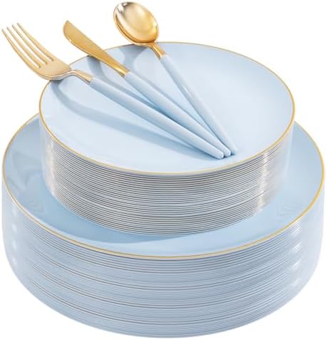 DaYammi 150Pcs Blue Plastic Plates with Gold Rim,Disposable Blue Party Plates Include 30 Dinner Plate,30 Salad Plate,30 Forks,30 Knives,30 Spoons,Fancy Disposable Platos for Party,Wedding,Baby Shower by DaYammiwillaccompanyyou
