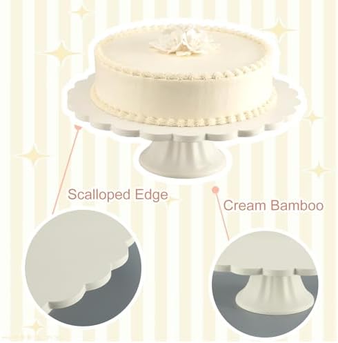 Vesici Cream Wooden Cake Stand Scalloped Round 10" L X 10" W X 3" H - Image 3