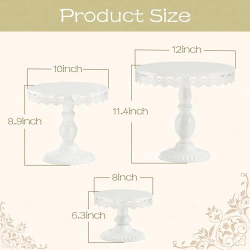 3 PCS White Cake Stands (8"&10"&12" Plate), Cupcake Stand with a lace Hollow Border Metal Cake Stand Set for Birthday Party, Wedding, Anniversary, Baby Shower - Image 3