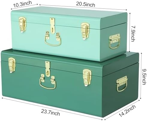 Vixdonos Decorative Large Metal Box Storage Trunk Chest Set of 2 College Dorm Organizer with Hardware Hasps and Handle for Home Deocr,23.7X14.2X9.5 Inches - Image 2