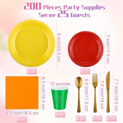 Aodaer 200 Pieces Colorful Dinnerware Set, Disposable Party Supplies Include 7/9 Inch Yellow Red Plastic Plates Green Cups Cutlery Napkins for Rainbow Birthday Party Decor, Serve 25 Guest - Image 2