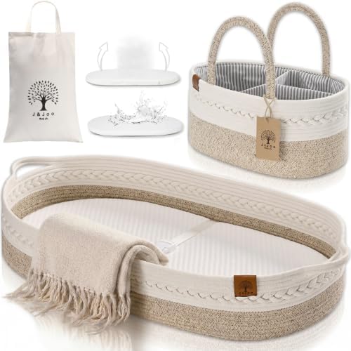 Baby Changing Basket Includes Diaper Caddy - Soft & Waterproof Dual-Cover, Portable, Changing Pad for Dresser & Changing Table, Gift for Baby Shower, Organic Cotton Rope by JJOOBabyCo