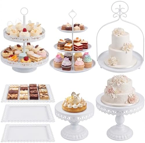 8 Pcs Cake Stands Set Metal Dessert Table Display Tiered Cupcake Holder Candy Donut Fruit Plate Cake Serving Tray with Handle Treats Serving Tower for Wedding Birthday Party Decorations (White) by Lallisa