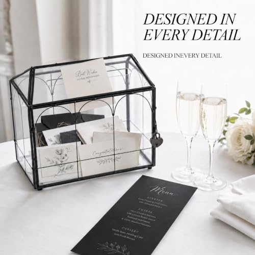Glass Cards Box with Slot & Lock - 10.2" x 5.9" x 8" Vintage Geometric, Wedding Receptions, Home Reception, Tabletop Decor, Christmas Party, Black - Slot Length 6.1 Inches - Image 5