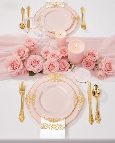 Nervure 175Pcs Pink Plastic Plates, Disposable Party Plates for 25 Guests - Image 2