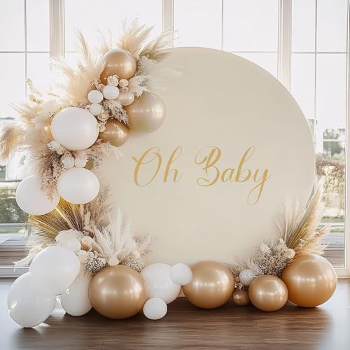 Gallety 2 Pcs 7.2 FT Ivory Round Backdrop Cover for 5 to 7.2ft Circle Arch Stand with Oh Baby and Happy Birthday Decal Sign - Arch Backdrop Cover for Wedding Party Photography Decoration by Creativepartyuniquedecorat