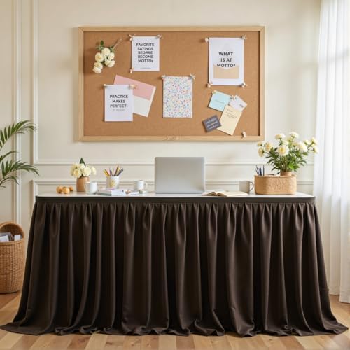 Brown Table Skirt for Rectangle Tables 17ft Desk Skirt for Teacher Desk Classroom Ruffle Polyester Fabric Desk Skirts for Bridal Baby Shower Birthday Party Graduation Banquet Wedding by LittleFunny