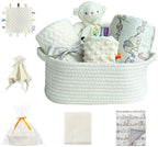 CREVENT Baby Welcome Gift Set Storage Basket with 2 Blankets+ 1 Security Blanket + 1 Taggie + 1 Gift Bag with Ribbon (Ivory) by CREVENT