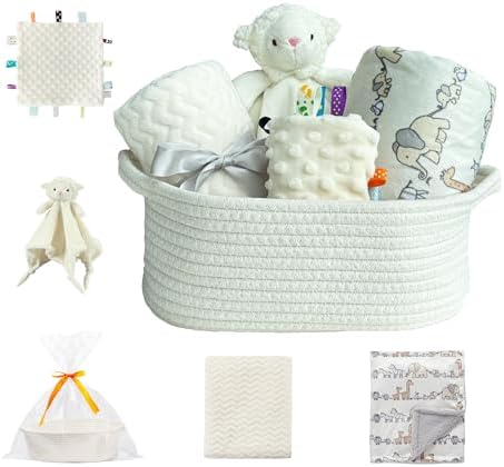 CREVENT Baby Welcome Gift Set Storage Basket with 2 Blankets+ 1 Security Blanket + 1 Taggie + 1 Gift Bag with Ribbon (Ivory) by CREVENT
