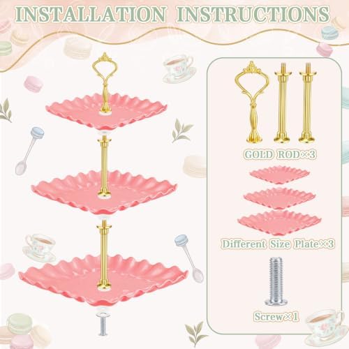 Remerry 16 Pcs Dessert Table Display Set 3 Tier Cake Stands, Pink - Image 4