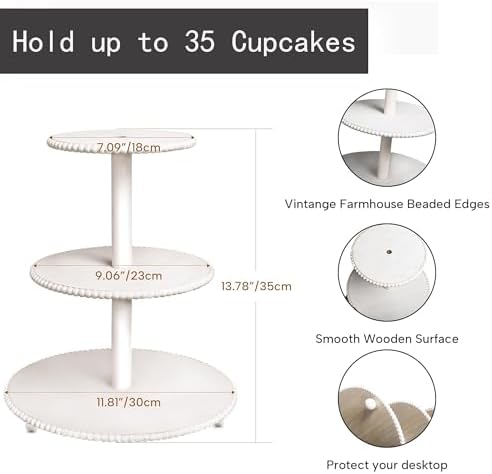 3-Tiered Cupcake Stand, White Wooden Beaded Cupcake Tower for Home Decoration, Farmhouse Cake Stand 3-Tiered Tray for Display Birthday Wedding Baby Shower Tea Party Decor - Image 2