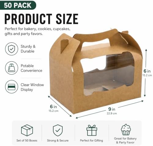 50 Pack Large Gable Box with Window, 9"x6"x6" Kraft Paper Party Favor Treat Box, Goodie Gift Boxes with Handle, Lunch Togo Boxes for Christmas Birthday Wedding Picnic Bakery Catering - Image 2